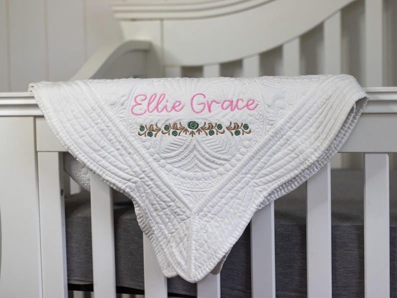 Personalized Baby Blanket Custom Embroidered Name Quilt Baby Shower Gift Idea Floral Design Keepsake Cotton Quilted Fabric Nursery Bedding Essential Newborn Present Heirloom Quality Infant Coverlet Monogrammed Fabric Special Occasion Gift