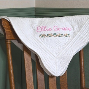 Cotton Quilted Blanket Personalized Baby Gift Custom Embroidered Name Design Floral Pattern Details Heirloom Quality Construction Nursery Bedding Essential Newborn Present Idea Baby Shower Gift Beautiful Fabric Texture Soft Comfortable