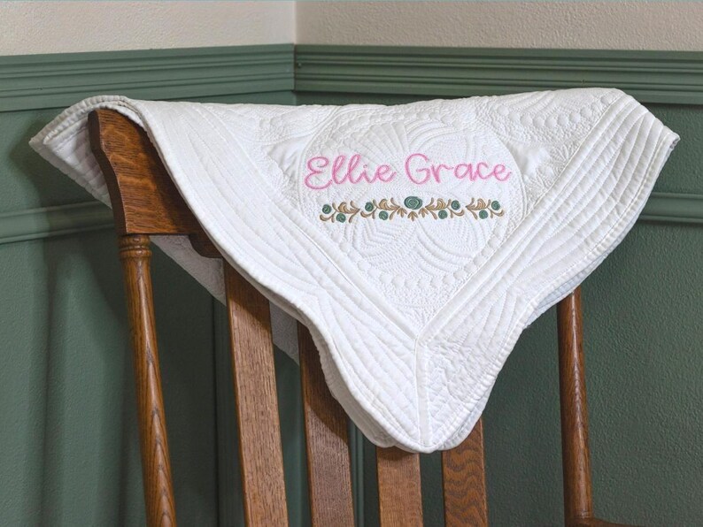 Cotton Quilted Blanket Personalized Baby Gift Custom Embroidered Name Design Floral Pattern Details Heirloom Quality Construction Nursery Bedding Essential Newborn Present Idea Baby Shower Gift Beautiful Fabric Texture Soft Comfortable