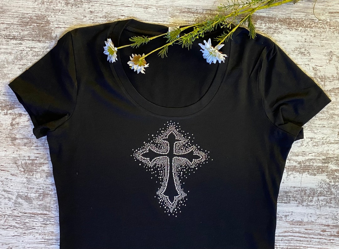 Rhinestone Cross T-shirt - Etsy