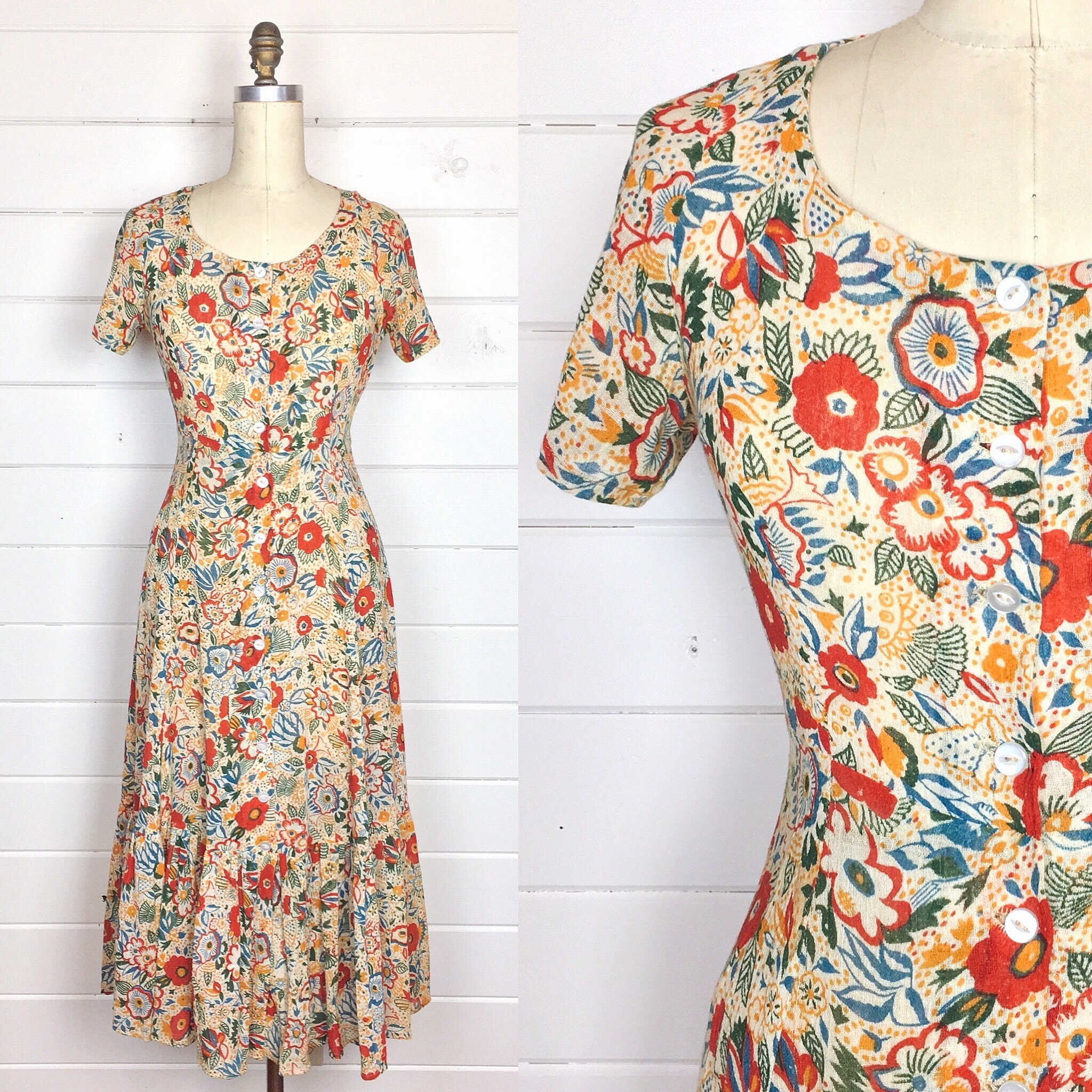 Vintage 1960s Gauze Cotton Bright Floral Sundress / Indian Etsy