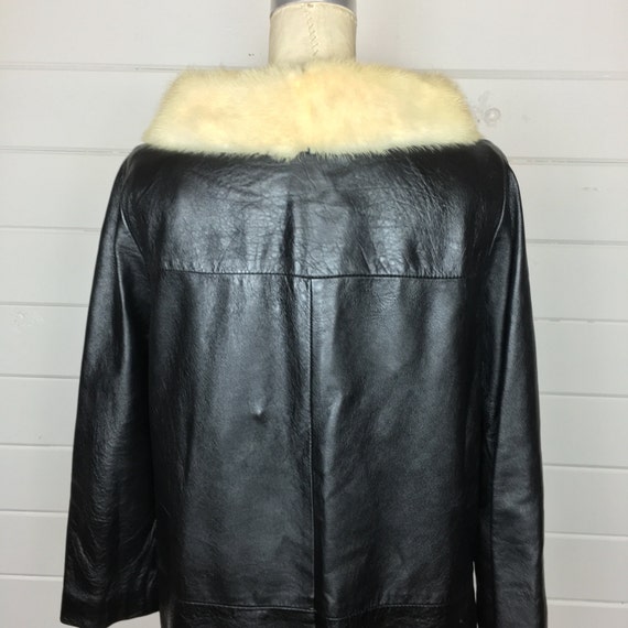 Vintage 1960s Black Leather Coat White Fur Collar Mod Knee Length Slim Cut