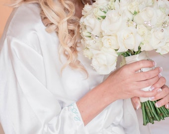 Personalized Satin Bridal Robe wedding Date on the Cuff, bridal robe, wedding day robe, getting ready robe, personalized bridal robe, gift