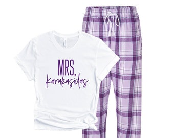 Personalized Bridal Pajama Set, Custom Mrs. Bridal Shower Gifts, The New Mrs Pjs, Flannel pajamas for the Bride, Brides getting ready Outfit