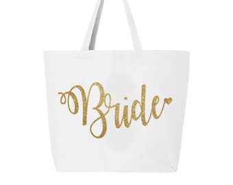 Bridal Tote Bag, Gold Glitter Wedding Tote bag, Bride Tote Bag, Jumbo Bride carry all, White & Gold glitter bride tote, bride gift idea