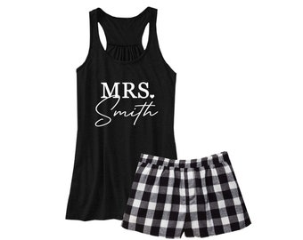 Custom Mrs Pajama Set - Personalized Bride Pjs - Custom Printed Tank and Boxer - Bridal Shower Gifts for the Bride - Honeymoon Outfit Gift