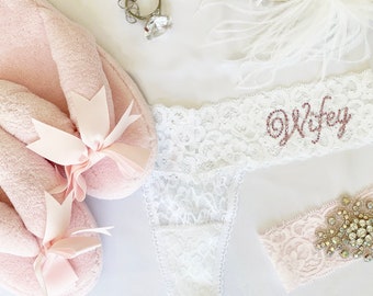 Wifey Lace Wedding Thong, Bridal Thong, Wifey Underwear, White Lace Underwear for Bride to Be, Bedazzled Lace Bride Thong, Wedding Day Thong