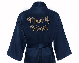 Maid of Honor Robe with Gold Glitter, Satin Maid of Honor Robe, Satin Kimono Robe, Bridal party robes, bridesmaid robes, bridal party gift