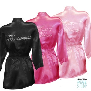 Bridal Party Satin Robes with Rhinestone Crystals, Bridesmaid Robes, Satin Bride Robe, kimono robe with crystal titles, bridesmaids robes
