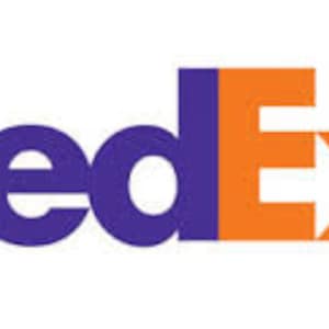 May include: The FedEx logo features the word "FedEx" in a bold, sans-serif font. The "Fed" portion is in purple, while the "Ex" is in orange.
