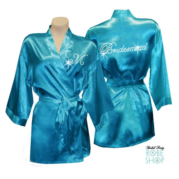 Set Of 5 Bridal Party Satin Robes With Initial On Front & Title Back in Rhinestone Crystals