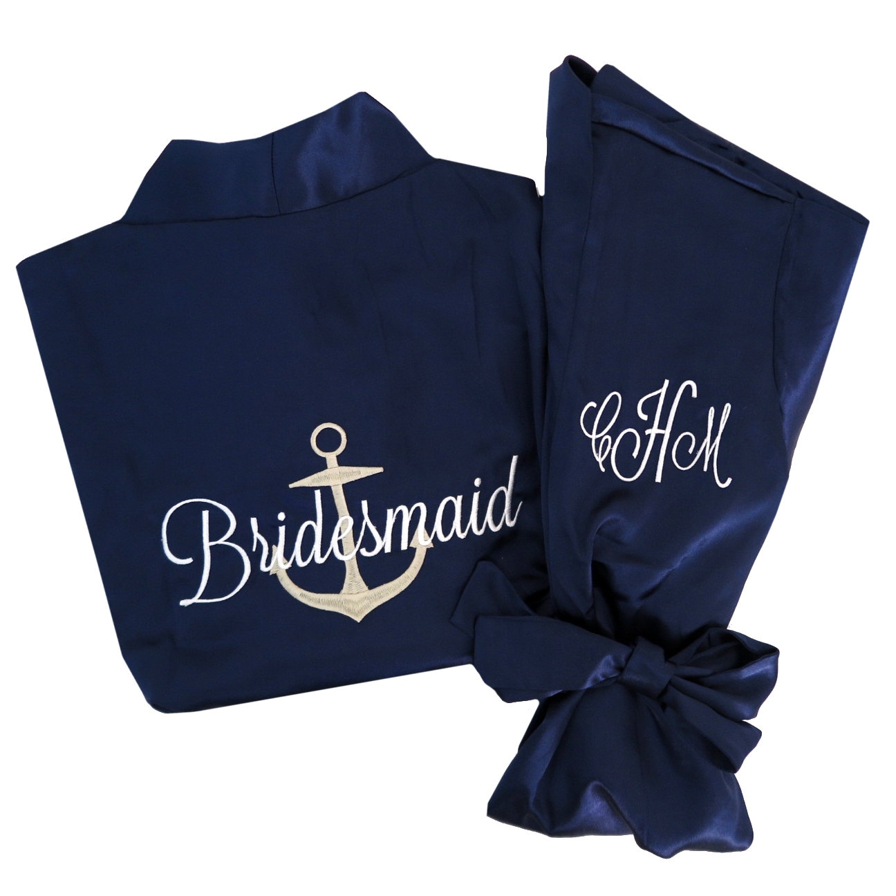 Set Of 4 Anchor Bridesmaid Robe, Satin Bridesmaids Robes With & Title On Back Monogram Front