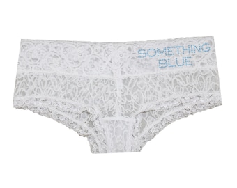 Something Blue Lace Bridal Underwear, Just Married Hipster, Cheeky Lace Bride Hot Short, Bridal Lingerie for the honeymoon, Mrs Lace Hipster