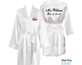 Personalized Knee Length Satin Bridal Robe with Name and Initial on Front and Title on Back, custom bridal robe, new mrs robe, satin robe