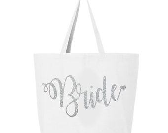 Bridal Tote Bag, Silver Glitter Wedding Tote bag, Bride Tote Bag, Jumbo Bride carry all, White & Silver glitter bride tote, bride gift