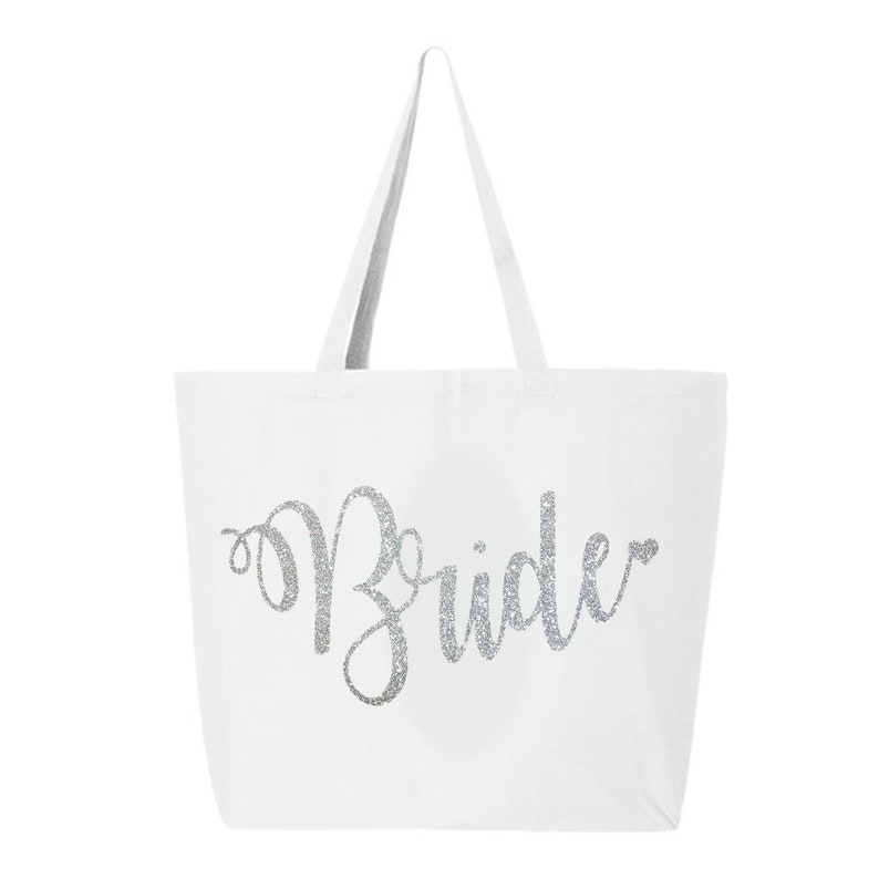 Bridal Tote Bag, Silver Glitter Wedding Tote bag, Bride Tote Bag, Jumbo Bride carry all, White & Silver glitter bride tote, bride gift image 1
