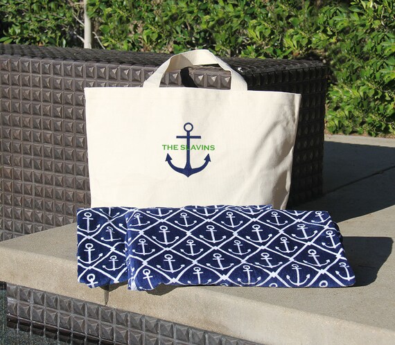 Anchor Beach Towel & Tote Set and Monogrammed with new last | Etsy