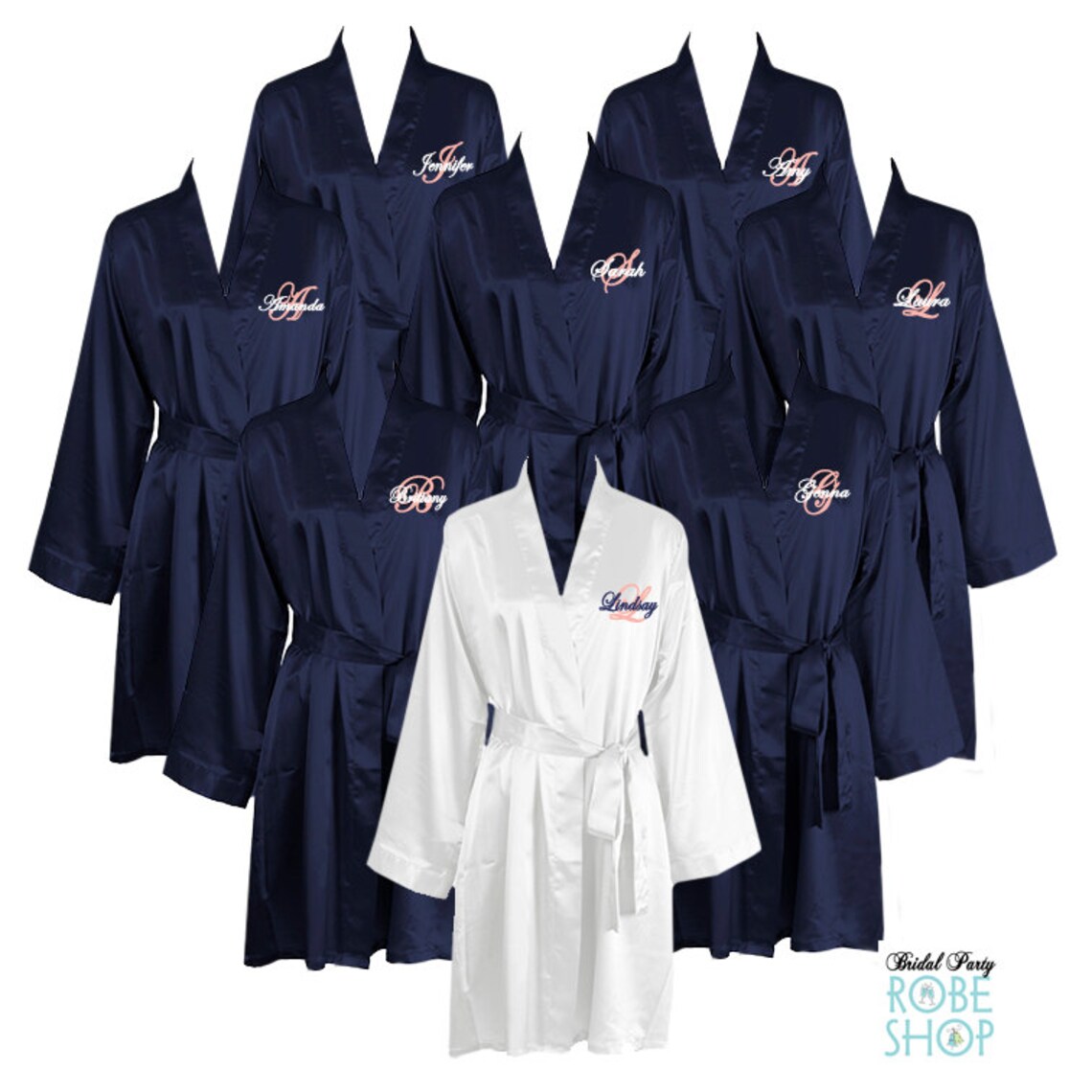 Set of 8 Knee Length Satin Robes With Initial and Name Embroidered on ...