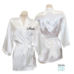 Rhinestone Crystal Bride Satin Robe with Embroidered Name on Front, custom bridal robe, personalized bridal lingerie, personalized wedding