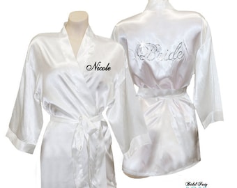 Rhinestone Crystal Bride Satin Robe with Embroidered Name on Front, custom bridal robe, personalized bridal lingerie, personalized wedding