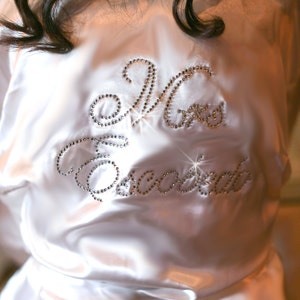 Crystal Embellished Mrs. Robe with new last name, Custom Rhinestone Bride Robe, Satin Robe, Bride Robe, Bridal Robe, Personalized Mrs. Robe