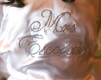 Crystal Embellished Mrs. Robe with new last name, Custom Rhinestone Bride Robe, Satin Robe, Bride Robe, Bridal Robe, Personalized Mrs. Robe