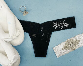Wifey Lace Wedding Thong, Bridal Thong, Wifey Underwear, White Lace Underwear for Bride to Be, Bedazzled Lace Bride Thong, Wedding Day Thong