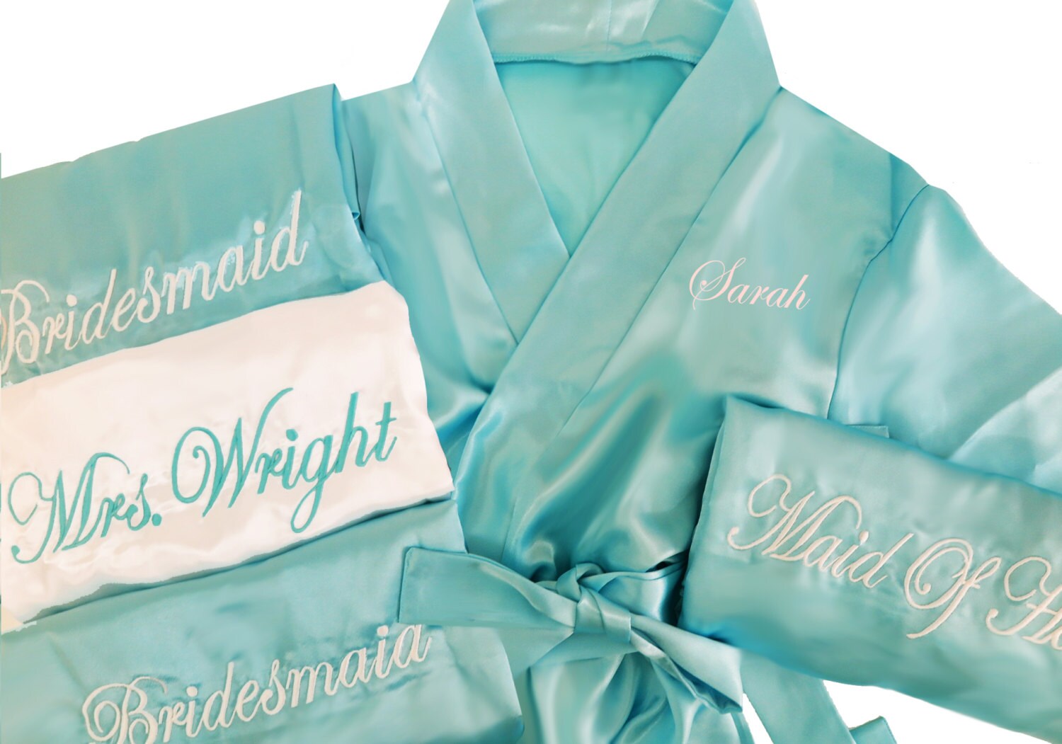 Set Of 4 Bridesmaid Robes With Name Embroidered On Front & Titles Back, Satin Robes, Bridal