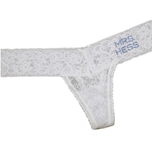 Mrs. Personalized Custom Crystal Lace Thong, custom bride thong, bridal shower gift, wedding lingerie, white lace bridal lingerie, gift idea