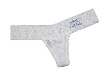 Mrs. Personalized Custom Crystal Lace Thong, custom bride thong, bridal shower gift, wedding lingerie, white lace bridal lingerie, gift idea