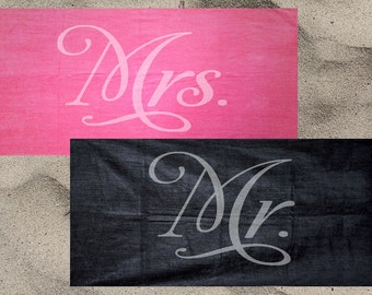 Mr. and Mrs. Beach Towel Set for the newlyweds, Mrs. pink Beach Towel, Mr. black Beach Towel, couples shower gift, just married gift idea