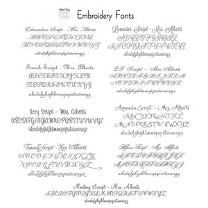 Pu&ograve; includere: Un grafico di diversi font da ricamo, ognuno con il nome del font e le lettere dell'alfabeto in quel font. I font sono: Edwardian Script, French Script, Izzy Script, Tuxedo Script, Lavender Script, LS Script, Amanda Script, Helene Script e Monterey Script.