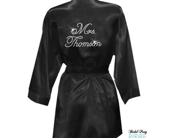 Personalized Satin Bridal Robe with Custom Mrs. Name in Rhinestone Crystals, black satin mrs robe, custom crystal satin robe, crystal kimono