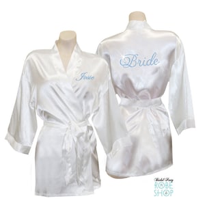 Something Blue Satin Bridal Robe with Name on Front and Bride on the Back in Blue Rhinestone Crystals - Satin Bride Robe, white satin kimono