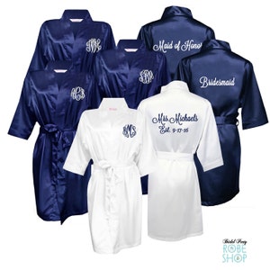 Set of 11 Satin Robes with Monograms on Front and Titles on Back, Bridesmaid Robes, Above the Knee Length Bridesmaid Robes