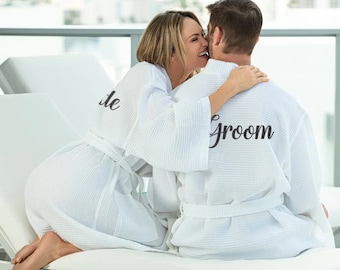 Bride and Groom Robes, His and Hers Robes, Couples Robes Set o f 2, Cotton Waffle Weave Robes for Bride and Groom, Wedding Robes