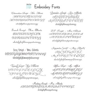 K&ouml;nnte beinhalten: Eine Tabelle mit verschiedenen Stick-Schriftarten, jede mit dem Namen der Schriftart und den Buchstaben des Alphabets in dieser Schriftart. Die Schriftarten sind: Edwardian Script, French Script, Izzy Script, Tuxedo Script, Lavender Script, LS Script, Amanda Script, Helene Script und Monterey Script.