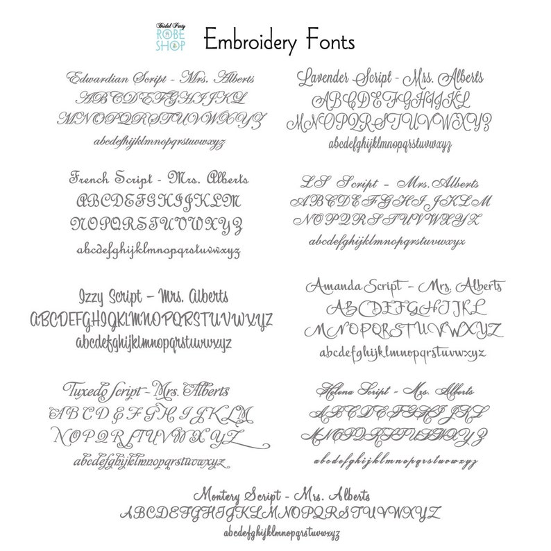 K&ouml;nnte beinhalten: Eine Tabelle mit verschiedenen Stick-Schriftarten, jede mit dem Namen der Schriftart und den Buchstaben des Alphabets in dieser Schriftart. Die Schriftarten sind: Edwardian Script, French Script, Izzy Script, Tuxedo Script, Lavender Script, LS Script, Amanda Script, Helene Script und Monterey Script.