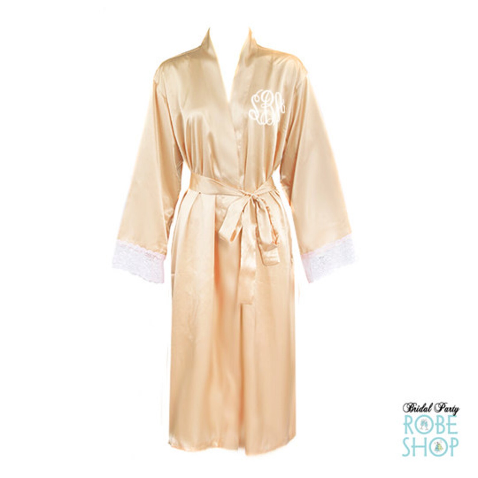 Monogrammed Long Satin Bridal Robe With Lace Monogrammed Lace Etsy