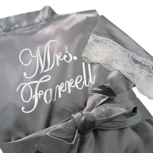 Personalized Satin Bridal Robe with Lace, Monogrammed Mrs. Lace Bridesmaid Robes, Satin Mrs. Bridal Robe