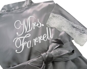 Personalized Satin Bridal Robe with Lace, Monogrammed Mrs. Lace Bridesmaid Robes, Satin Mrs. Bridal Robe