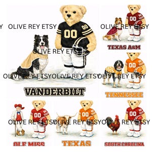 May include: Watercolor illustrations featuring teddy bears in football uniforms and team mascots. Teams include Vanderbilt, Texas A&M, Tennessee, Ole Miss, Texas, and South Carolina. Each bear is wearing a jersey with the number "00".