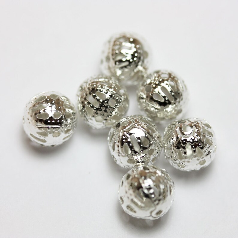 FDB0062-2 Silver plated metal,8mm hole1mm 50pcs 8mm round Filigree Ball Jewellery findings Beads