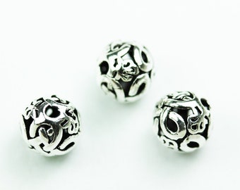 Silver beads 4pcs 8mm antiqued 925 sterling silver jewellery findings filigree ball beads, 8mm, hole1mm