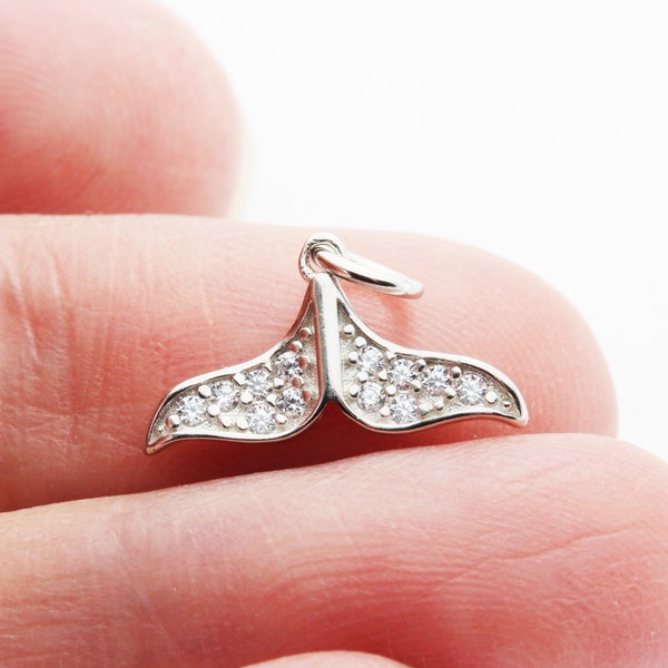 Charm 2pcs 925 sterling silver w/cubic zirconia jewellery findings charm beads ,whale tail charm, 15*8mm, 5mm closed jump ring