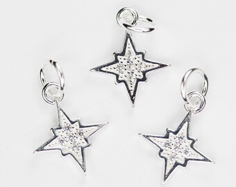 2pcs 925 sterling silver w/cubic zirconia jewellery findings charm beads ,star charm, 11mm, 5mm closed jump ring