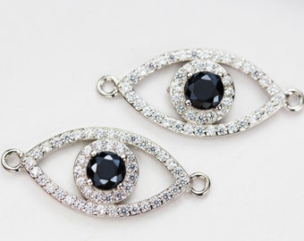 Connector findings 1pc 925 sterling silver with cubic zirconia evil eye jewellery findings , 20*40mm ,1mm hole