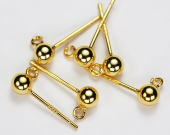 Goud vermeil stijl oorsteker 6 stuks 24k goud op 925 sterling zilveren sieraden bevindingen oorsteker, 4 mm bal met split-loop, 15 * 3 mm, gat 1,5 mm