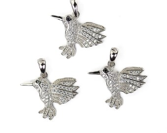 Silver charm 1pc 925 sterling silver jewellery findings charm humming bird beads, w/ white cubic zirconia stone, 16*20mm, 6mm bail