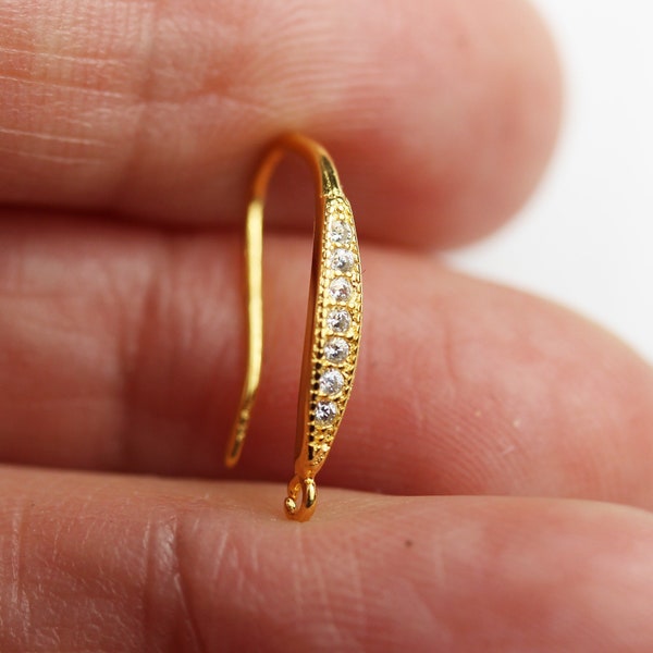 Gold earrings 4pcs 18kgold vermeil on 925s.silver jewellery findings earwire, 9*19mm flat cubic zirconia fishhook with1.5mm coil